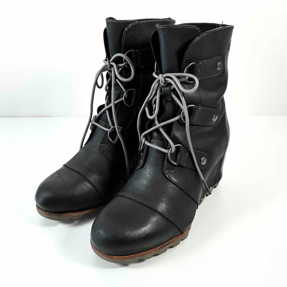 Sorel Joan of Arctic Black Leather Wedge Lace-Up Boots - Size 8, EU39